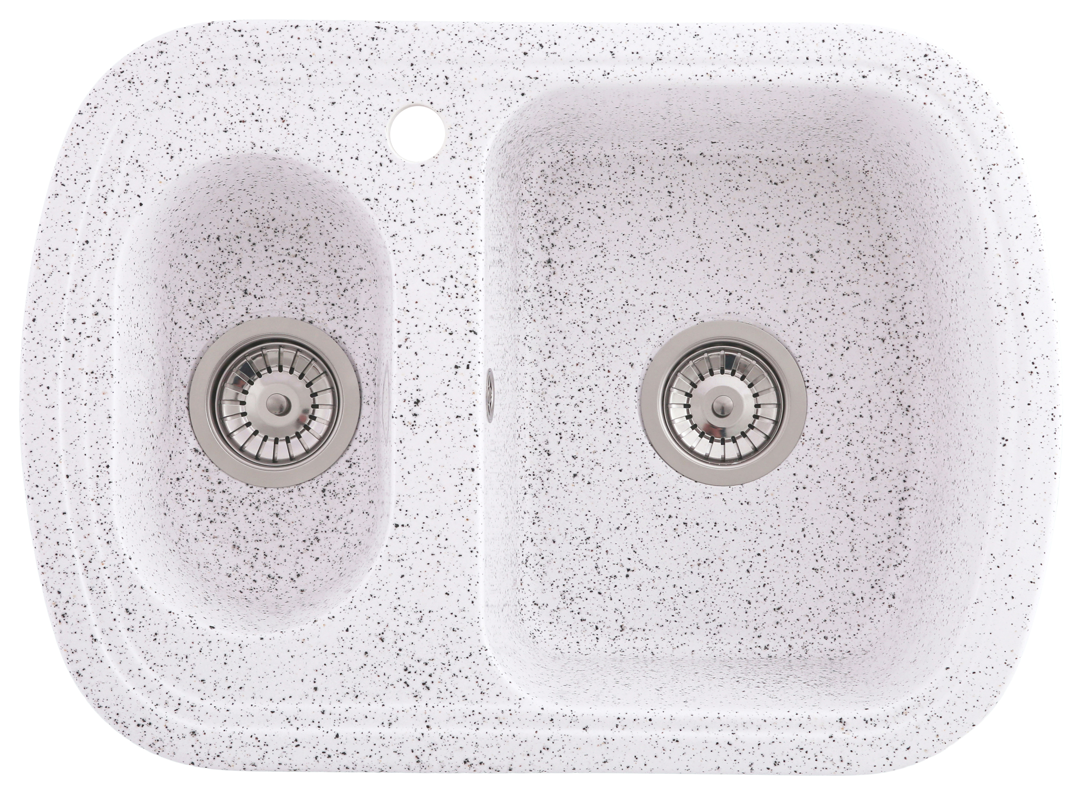 Chiuveta compozit Resing, 65 x 47 cm, 2 cuve cu sifoane, cuva mare dreapta, adancime 18 cm, incastrabila, alb granitat