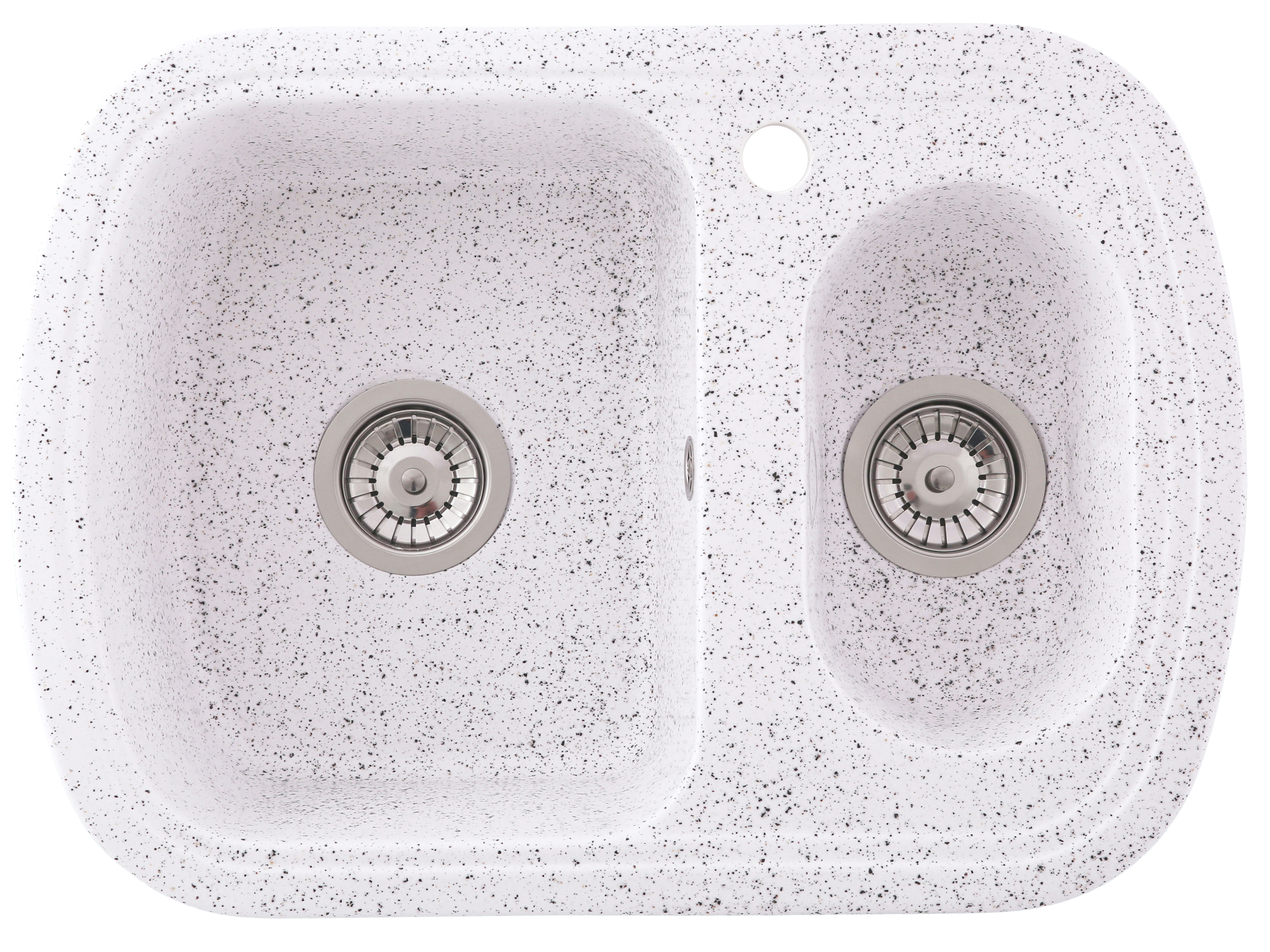 Chiuveta compozit Resing, 65 x 47 cm, 2 cuve cu sifoane, cuva mare stanga, adancime 18 cm, incastrabila, alb granitat