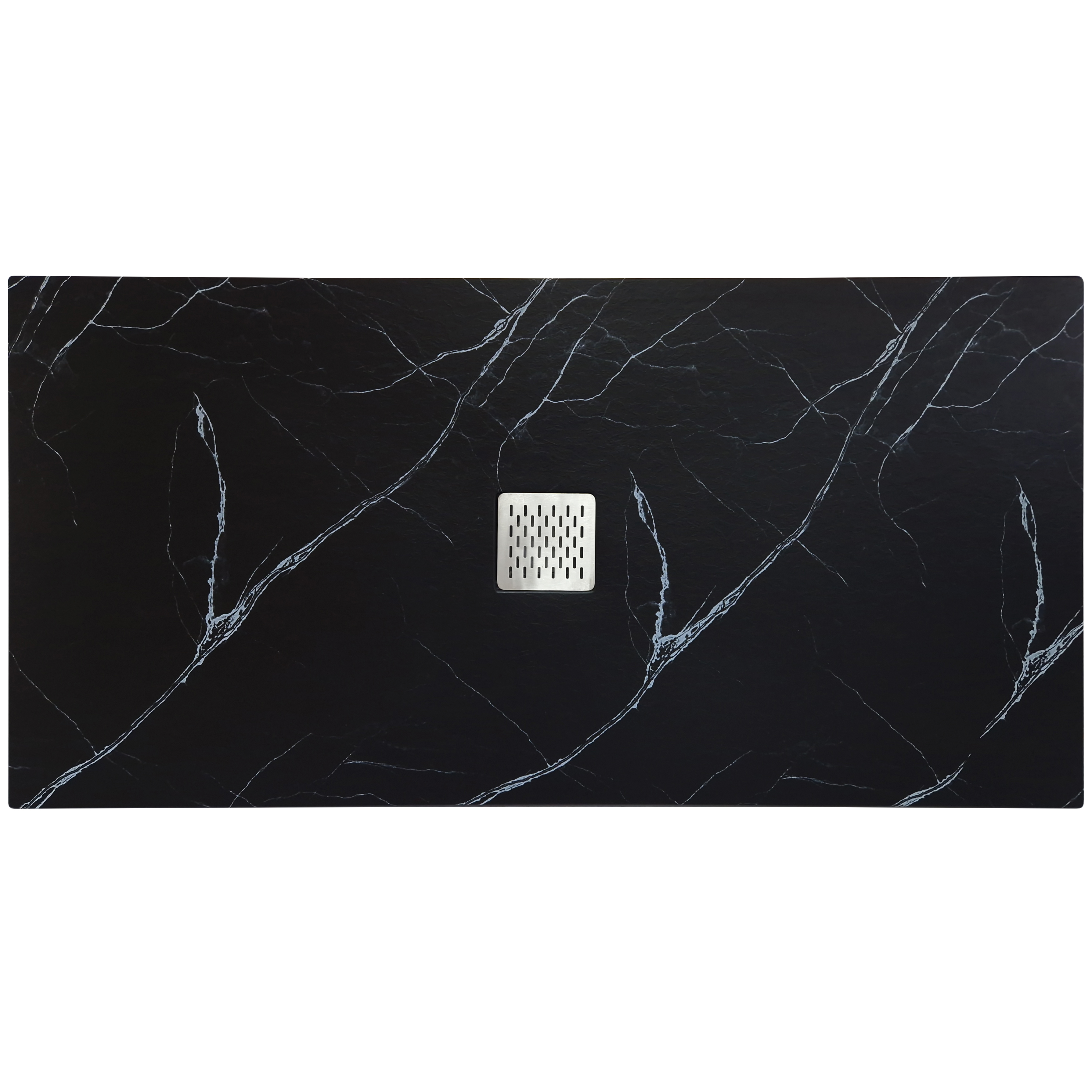 Cadita de dus din piatra sintetica cu sifon slim si grila de inox, Resing, 105 x 70 cm, grosime 3 cm, Negru Marquina