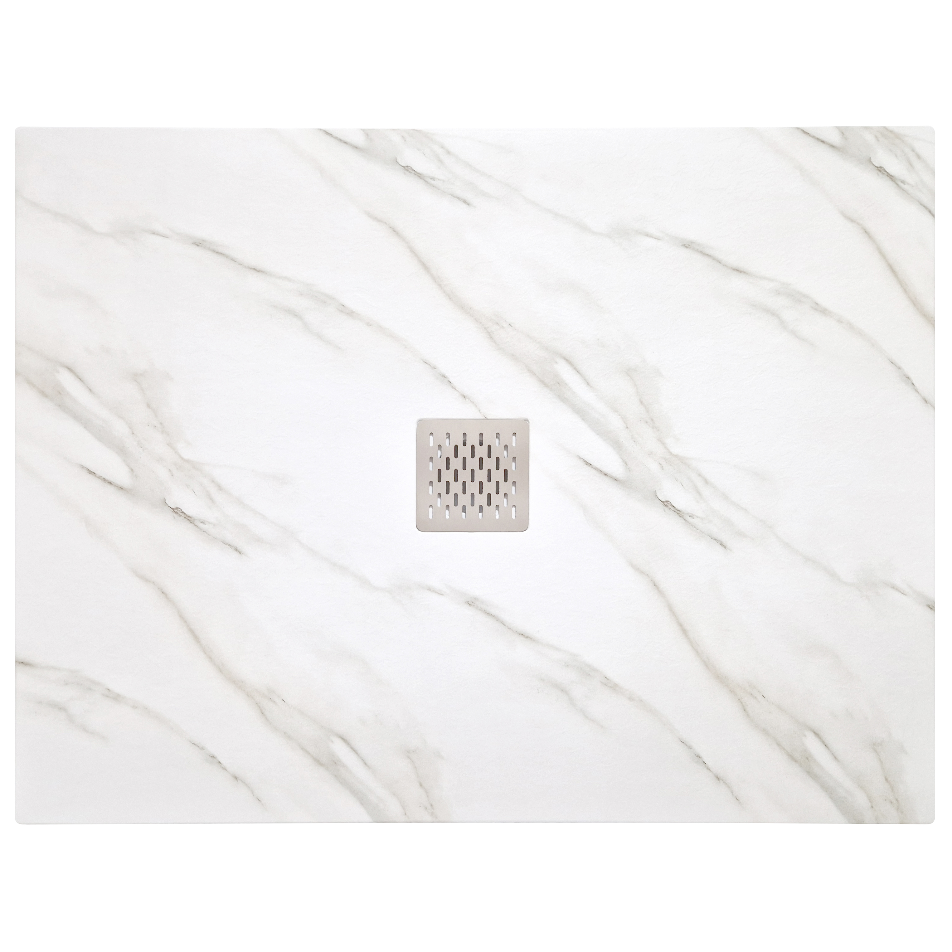 Cadita de dus din piatra sintetica cu sifon slim si grila de inox, Resing, 105 x 80 cm, grosime 3 cm, Alb Calacatta